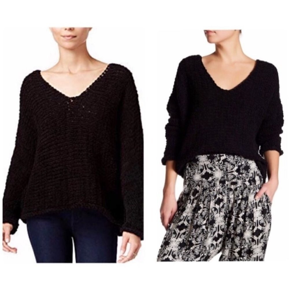 Free People Black Dolphin Bay Oversized Open Knit V Neck Slouchy Sweater Size XS